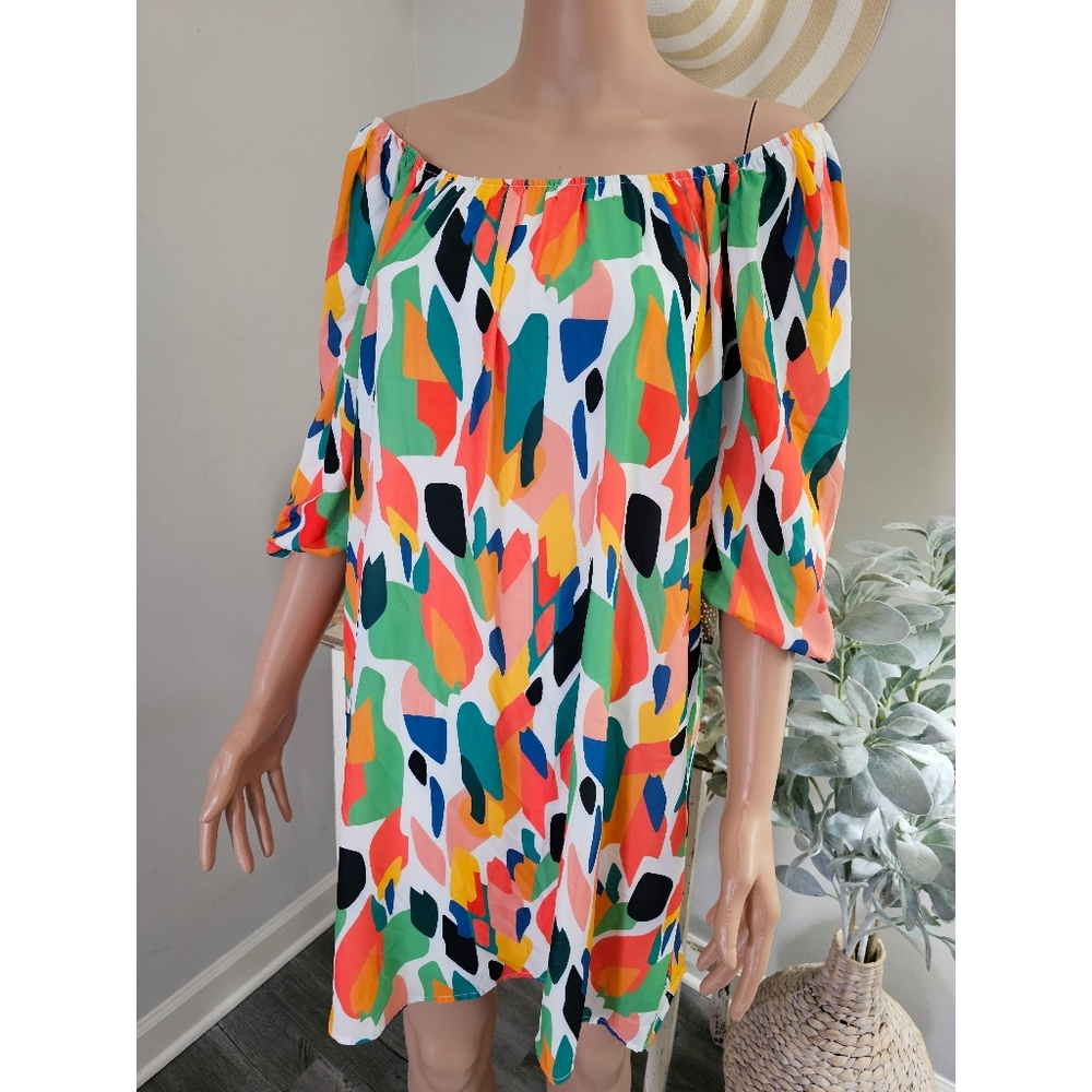 FORE Multicolor Off Shoulder Puff Sleeve Swing Dress Size Medium